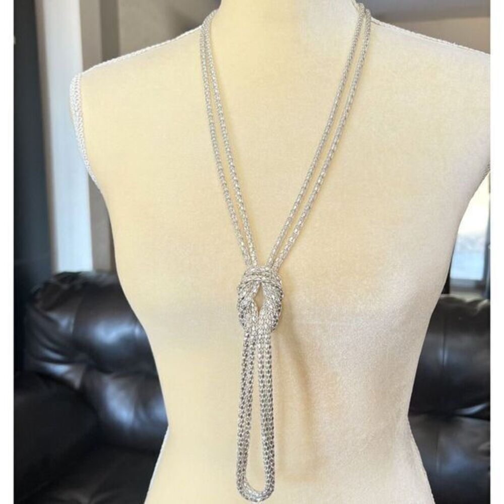 Shiny Silver Tone Long Double Strand Knotted Snake Chain Necklace 39 in‎